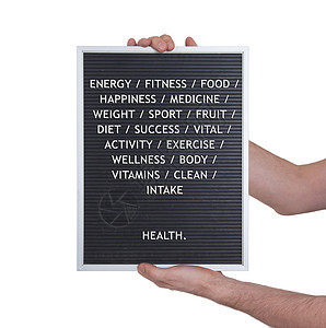 在非常古老的菜单板上塑料字母中的健康概念框架身体科学木板饮食菜单活力药品营养素体质图片