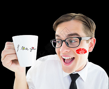 喜剧商务人士拿着一个杯子的复杂画面商业咖啡热饮职业眼镜笑容公司衬衫商务人士图片