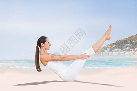 在健身工作室摆船姿势的 充装女超人综合图像女性运动服活动训练瑜伽海洋背心头发灵活性波浪图片