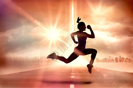 美发黑褐色的复合图像运行和跳跃调子女士地平线阳光跑步运动服城市文胸计算机景观图片