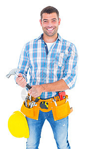 自信的修理工握着锤子的肖像图片