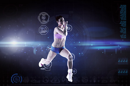 美发黑褐色的复合图像运行和跳跃微笑跑步调子快乐火花饮食运动服电脑女性身体图片