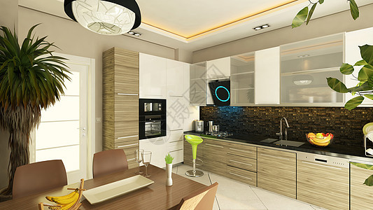 3D 提供现代厨房设计公寓座位羊肉木头框架椅子奢华窗帘家庭生活地面图片