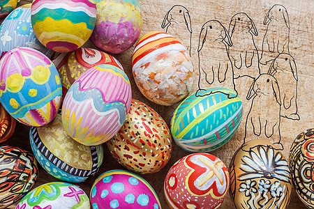 一套彩色的东方鸡蛋 配有兔子绘画假期插图艺术框架白色蓝色庆典季节绿色图片