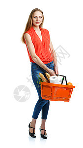 快乐的女士拿着一篮子 充满健康食物的篮子微笑市场顾客水果维生素女性消费者购物者蔬菜女孩图片