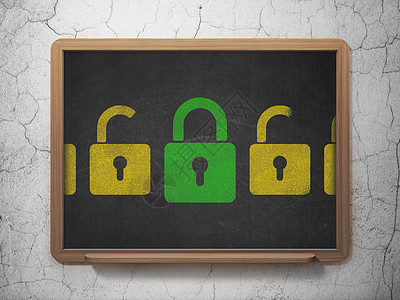 隐私概念 学校董事会背景上的绿色闭锁挂锁图标图片