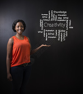南非或非裔美国女教师或学生反对黑板背景创意图推介会销售量图表粉笔教育绘画解决方案商业知识办公室图片