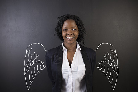 带粉笔翅膀的南非或非裔美国女教师或学生天使力量商业成就教育资本家领导优胜者营业员金融老师图片