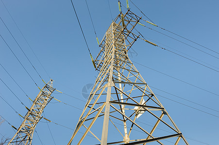 高压电压电线传播电缆蓝色电气力量活力天空工业框架金属图片