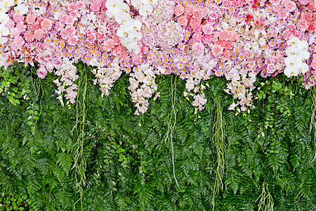 粉红花和婚礼彩礼绿叶安排的背景背景婚姻花店花瓣百合纪念日庆典兰花工作室热情花束图片