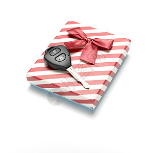 车钥匙和礼品盒展示安全白色商业红色玫瑰丝带礼物按钮魅力图片