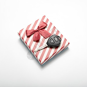车钥匙和礼品盒盒子黑色安全展示商业金属按钮美丽红色白色图片
