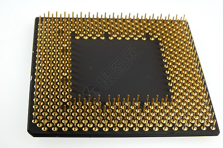 从白色背景的金针上看到的处理器单元电子绿色数据理器芯片电路电子产品别针技术图片