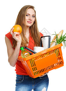 快乐的年轻女子拿着一篮子 白上满满是健康食物的食物女性饮食蔬菜购物中心店铺维生素水果营养女士市场图片