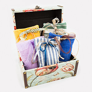 带有装饰性纺织品邮袋的礼品盒工艺麻布包装展示丝带礼物材料盒子白色手工图片