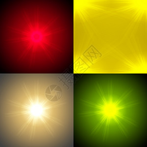 以四个模糊背景 半透明圆圈 光效应和太阳破灭的抽象背景设置镜片生长强光天空草地插图太阳耀斑射线生态图片