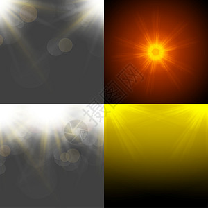 以四个模糊背景 半透明圆圈 光效应和太阳破灭的抽象背景设置强光插图环境耀斑墙纸生态横梁橙子射线生长图片