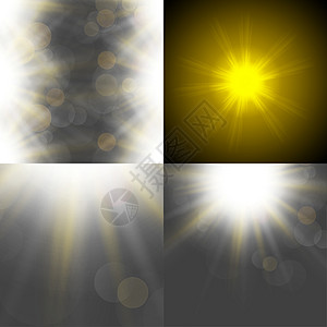 以四个模糊背景 半透明圆圈 光效应和太阳破灭的抽象背景设置天空橙子生长太阳镜片生态阳光强光横梁墙纸图片