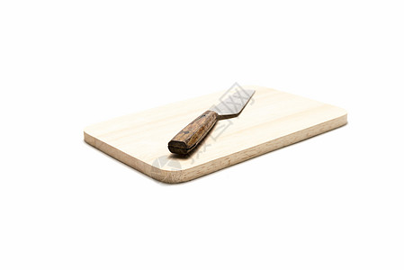 切割板和刀白色金属菜刀职业用具食物厨师硬木工具木头图片