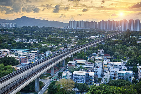 长平 黄昏时香港市中心市区技术城市卡车路口街道运输车道辉光速度活力图片