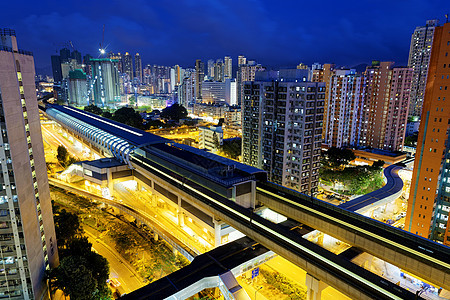 长平 香港市中心市区深夜旅行交通活力车道公共汽车路口天线立交桥蓝色辉光图片