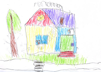 小子的画图乐趣团体幼儿园绘画建筑太阳卡通片学校插图房子背景图片