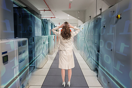 商业女商务人士的复合形象 头部举起手站在镜头后面头发计算机职业技术蓝色科技长发棕色女性电脑图片