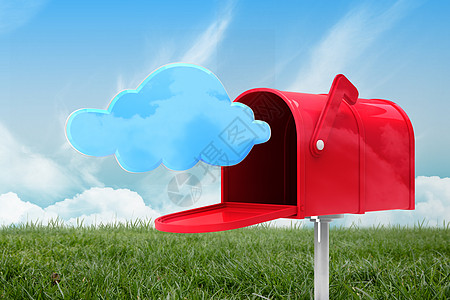 红色邮箱红色电子邮件邮箱的复合图像技术数字计算机互联网天空计算绿色农村邮件蓝色背景