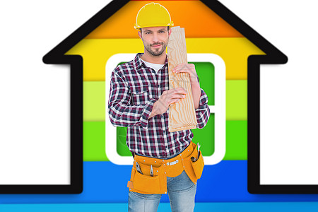 手持木板的杂人复合图像工作服男人木头职业节能计算机幸福效率头盔技术员图片