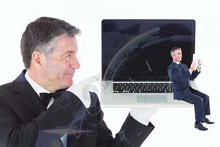 商务人士阅读的复合图象手套商业键盘头发笔记本服务员电脑快乐立方体领结图片