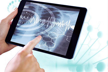 使用平板电脑的人的复合图像科技生物蓝色药片界面染色体健康计算机绘图化学图片