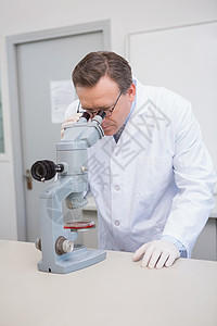 科学家用显微镜检查花心盘防护男人实验研究技术药品生物学科学家医学手套图片