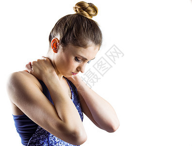 有颈部受伤的美色黑发痛苦竞技头发运动服调子女士身体女性肌肉脖子图片