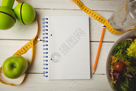 附有健康生活方式指标的注解铅笔瘦身日记重量体育锻炼饮食沙拉蔬菜营养记事本图片