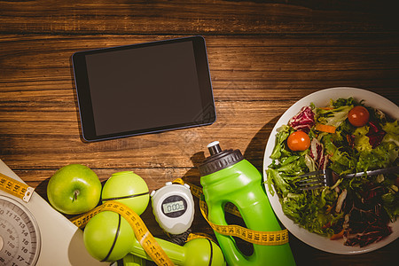 含有健康生活方式指标的表格表瘦身时计卷尺减肥体重秤饮食电脑营养跑表盘子图片