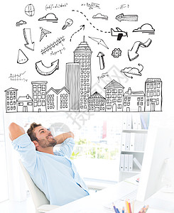 临时工在办公室头部后面用手休息的复合形象创新景观摩天大楼涂鸦电脑旅游建筑男人职业航班图片