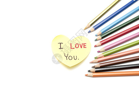 我爱你用彩色铅笔写在心纸纸卡上盒子卡片杯子书面标签笔记邮政咖啡图片