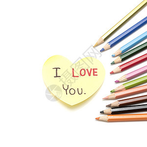 我爱你用彩色铅笔写在心纸纸卡上书面标签笔记盒子卡片咖啡邮政杯子图片