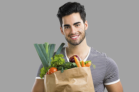 人携带一袋蔬菜男性水果杂货店胡须成人灰色市场营养食物拉丁图片