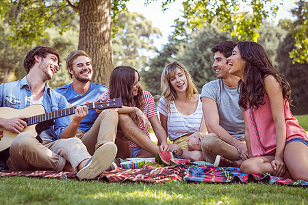 快乐的朋友们在公园里野餐服装活动朋友感情瓶子朋友们毯子男性休闲绿地图片