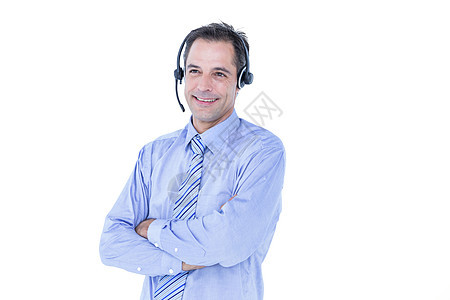 一个带着耳机微笑的商务人士的肖像麦克风眼镜人士商务棕色男性快乐电话商业公司图片