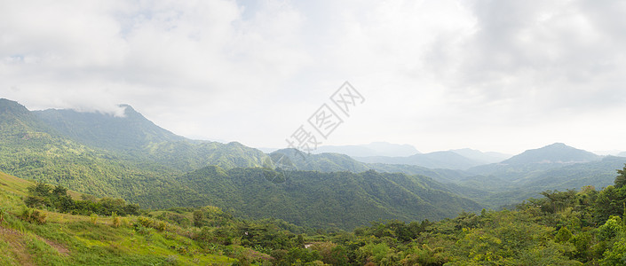 全景森林和山地荒野草地天空旅行山脉场景木头公园旅游丛林图片