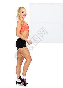 带白白板的微笑运动女运动员海报损失广告减肥身体教练运动装培训师产品数字图片