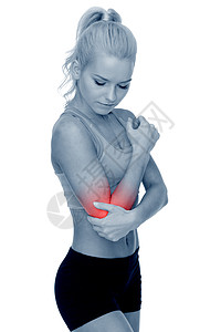 手肘疼痛的运动妇女手臂弯头扭伤火车肌肉创伤症状运动员运动装锻炼图片