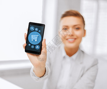 与拥有智能手机的女商务人士密切接触信使购物学生技术工具屏幕气泡引擎界面人士图片
