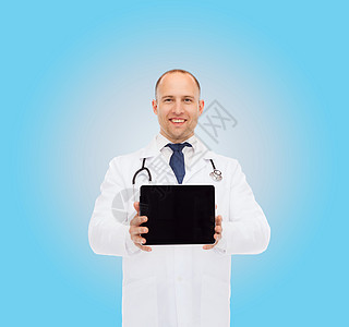 带听诊镜和平板药片的男医生护理人员医疗保险儿科外套专家医师电脑保健心脏病诊断图片