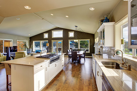 美丽的新硬木地板基森橱柜火炉厨房房间硬木建筑学家具白色木头房子图片