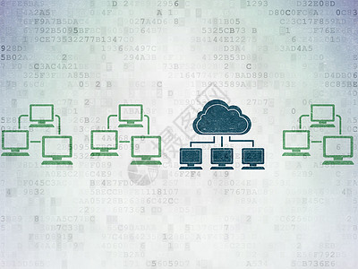 Cloud 网络化概念 数字纸张背景上的云网络图标监视器程序代码数据局域网屏幕技术解决方案绘画服务器图片