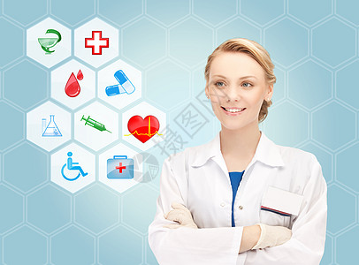 医生笑着看医图标的蓝色背景专家帮助药店药品儿科实习生职业药片援助女性图片