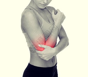 手肘疼痛的运动妇女福利火车按摩手臂症状韧带女孩身体伤害运动装图片